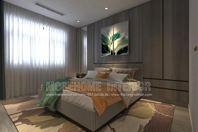 Trang trí nội thất phòng ngủ bố mẹ với mẫu giường ngủ gỗ công nghiệp bọc vải màu xám đầy quyến rũ