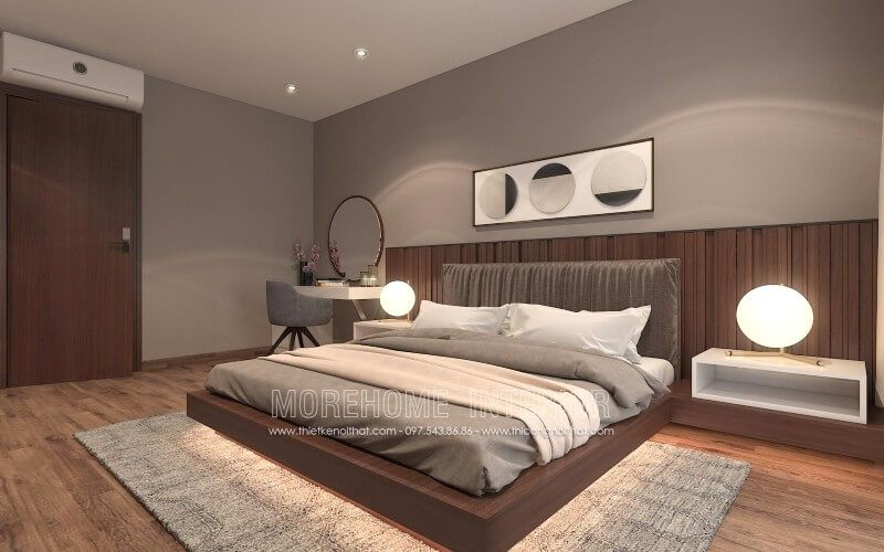 Giường ngủ gỗ công nghiệp với gam màu nâu trầm ấm áp chủ đạo, kết hợp với đồ nội thất khác trong căn phòng tạo sự liền mạch, thống nhất khó có thể rời mắt
