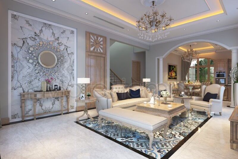 Nội thất biệt thự cao cấp được làm từ chất liệu gỗ tự nhiên cao cấp, mỗi khu vực được bố trí cân bằng và hợp lí, tạo nên sự thoải mái, tiện nghi và thống nhất cho toàn bộ không gian.